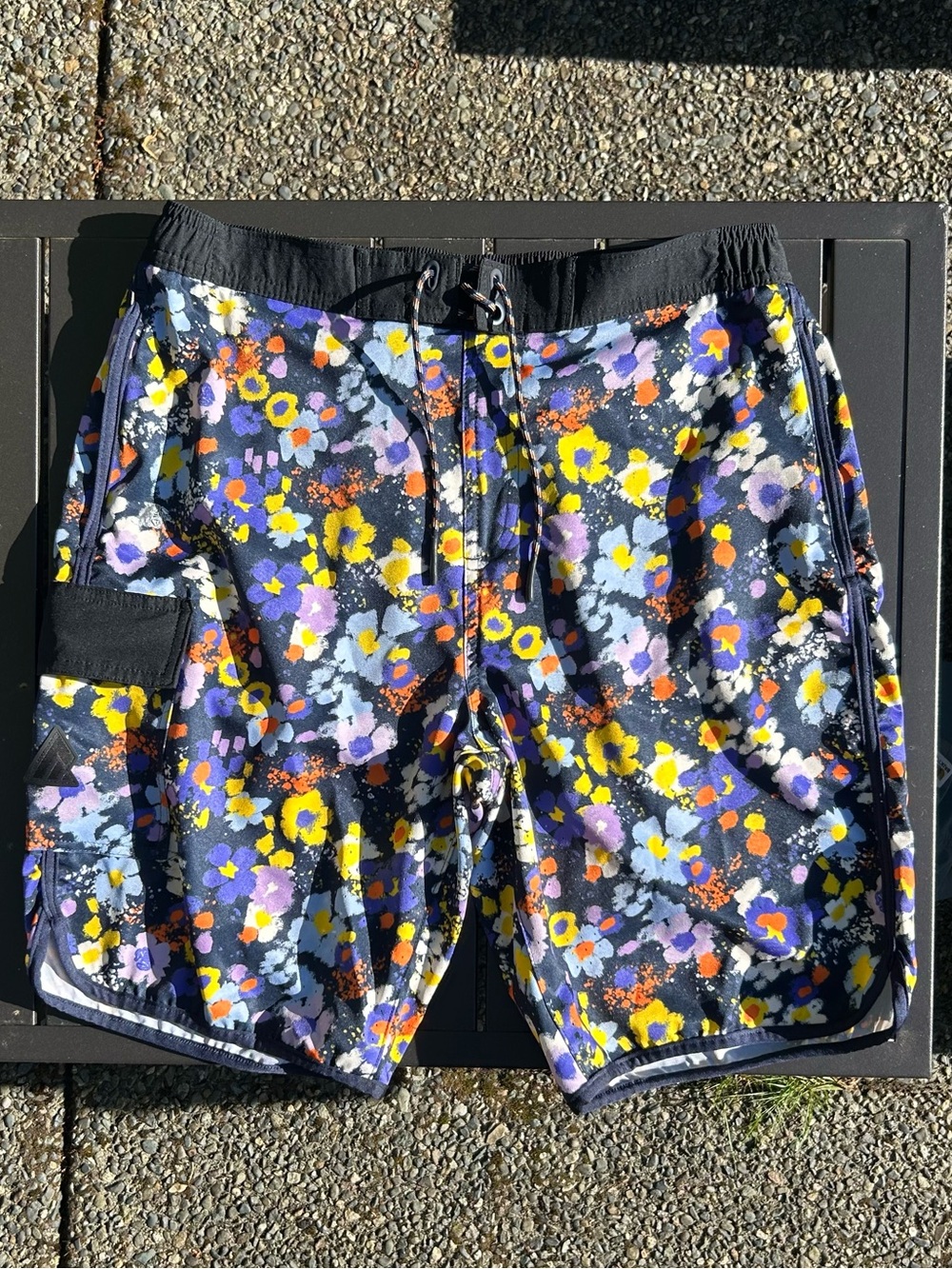 Ripzone Men's Floral Black Swim Trunks with Yellow & Purple Accents